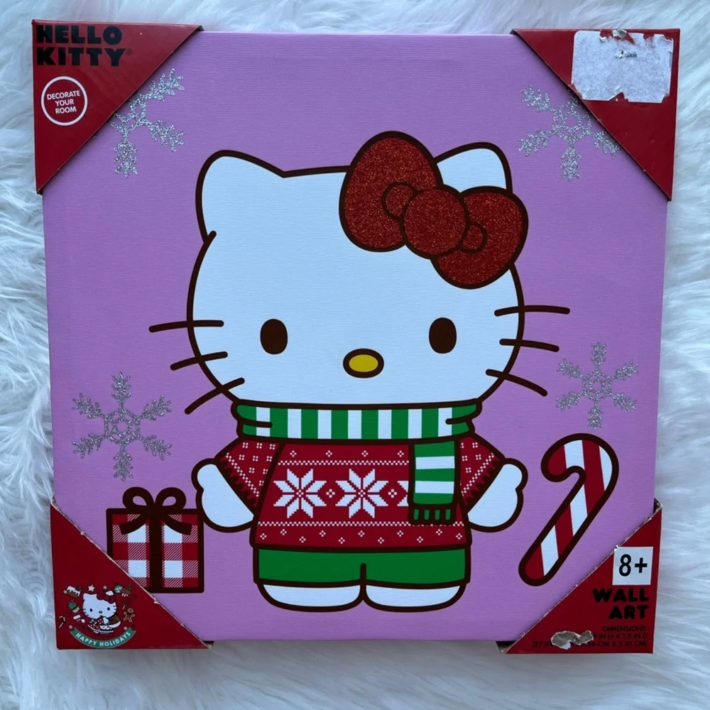 🆕Hello Kitty Christmas Holiday Wall Art - Festive Canvas Decor 12”x12” Pink